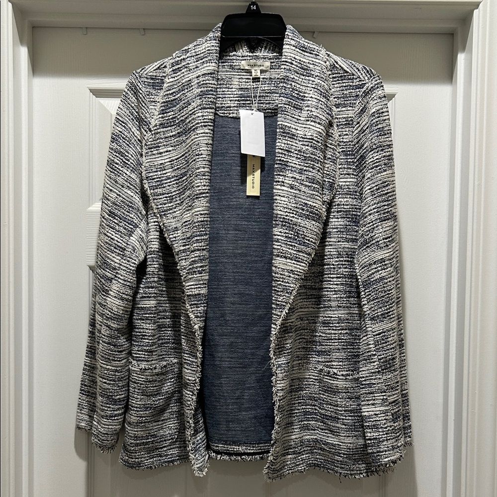 NWT Chic Navy and White Textured Open Front Blazer